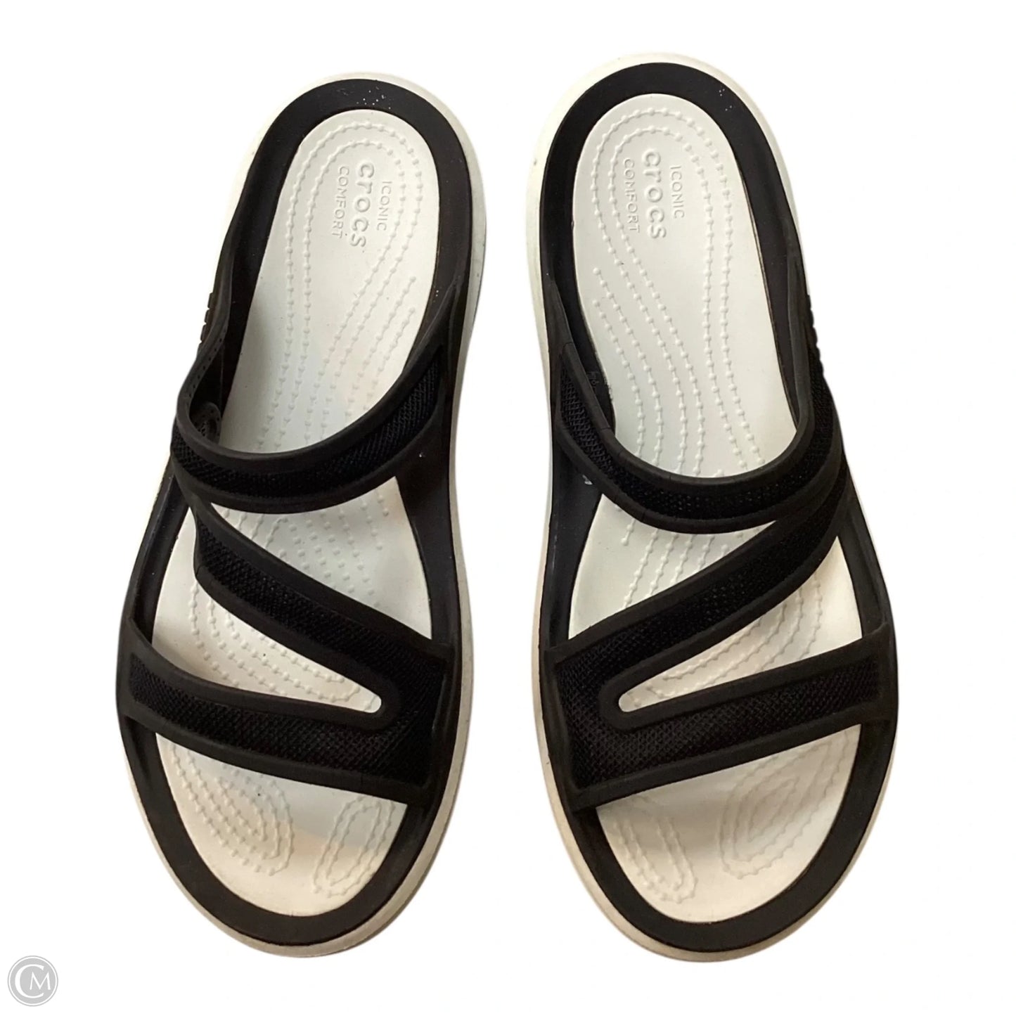 Sandals Flats By Crocs In Black & White, Size: 8