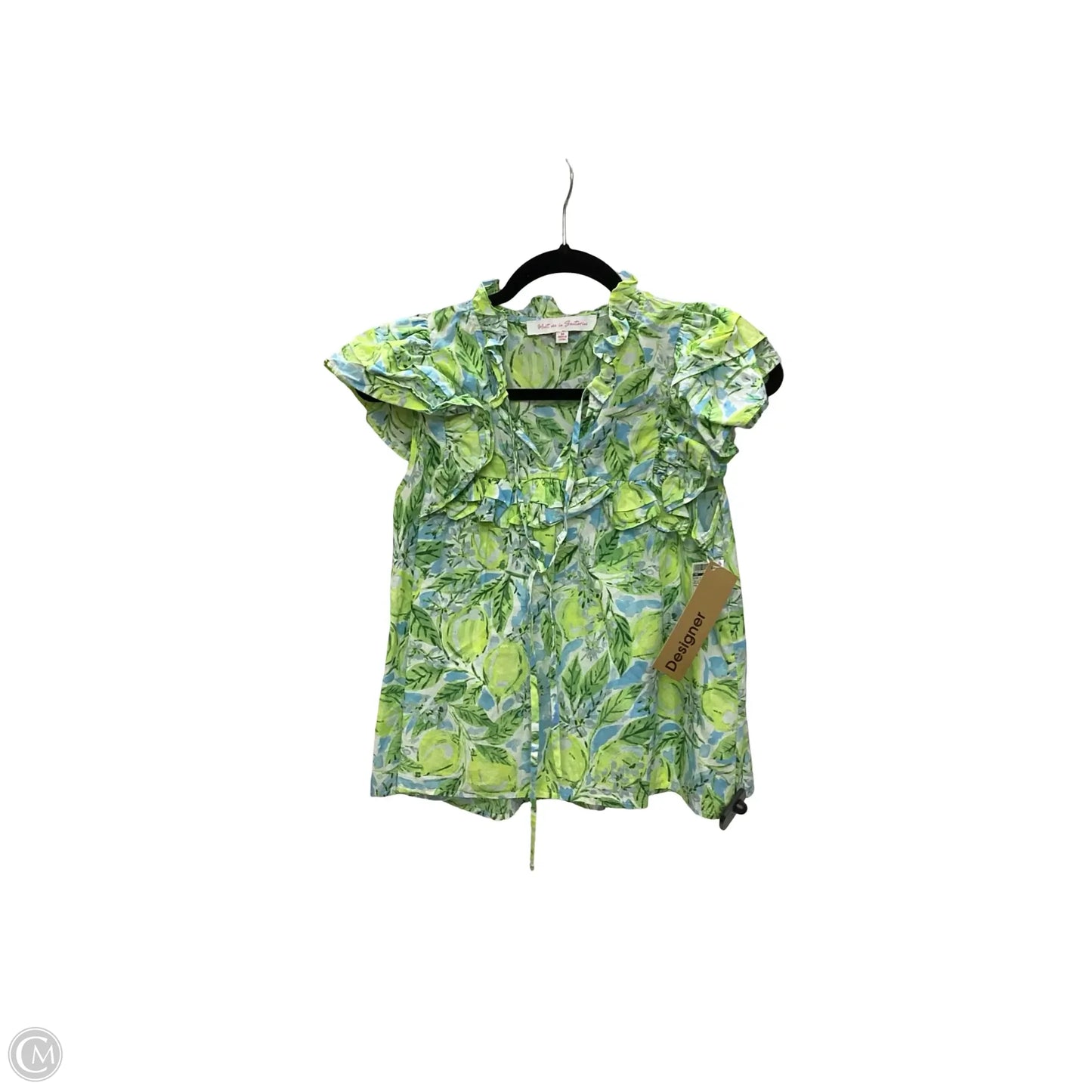 Designer Blouse Short Sleeve By Meet me in Santorini In Blue & Green, Size: M