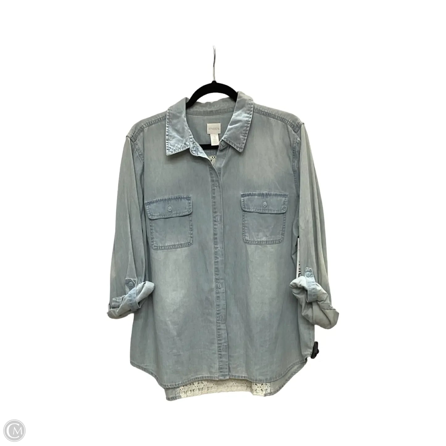 Blouse Long Sleeve By Chicos In Blue Denim, Size: Xl