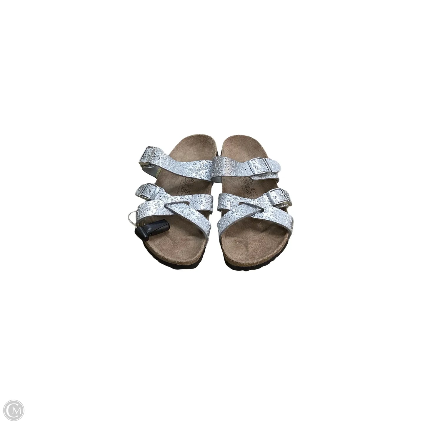 Sandals Flats By Birkenstock In Silver, Size: 6