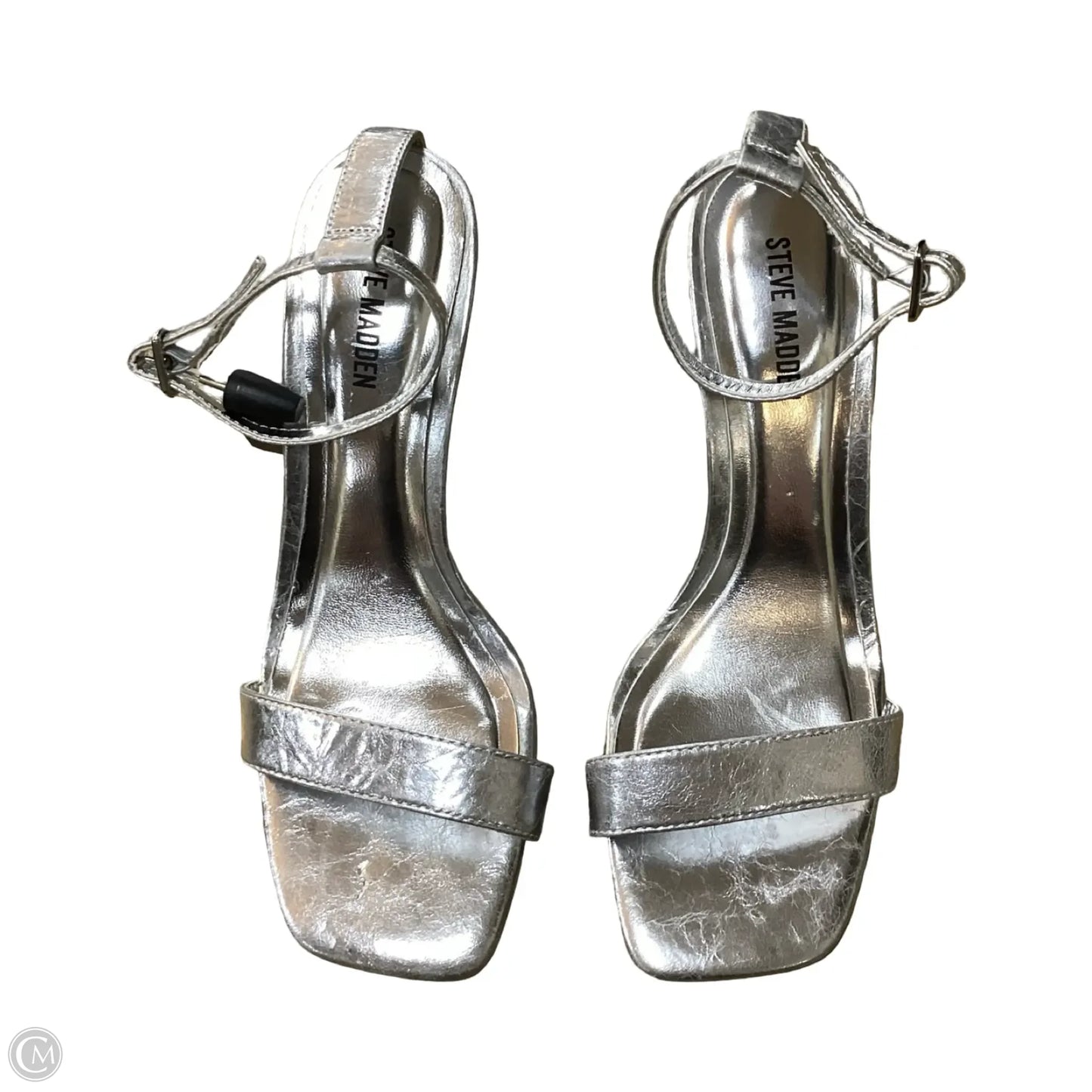 Sandals Heels Stiletto By Steve Madden In Silver, Size: 8