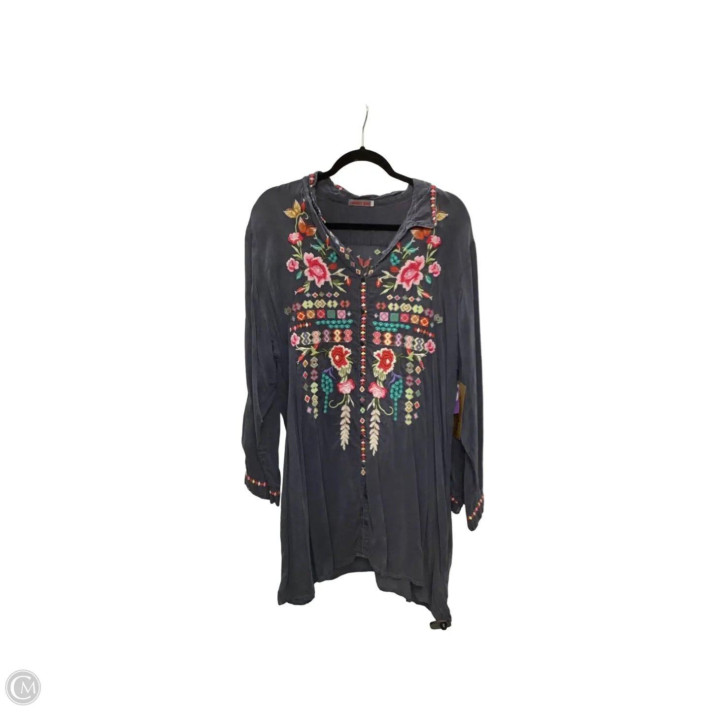 Designer Blouse 3/4 Sleeve By Johnny Was In Grey, Size: 1x