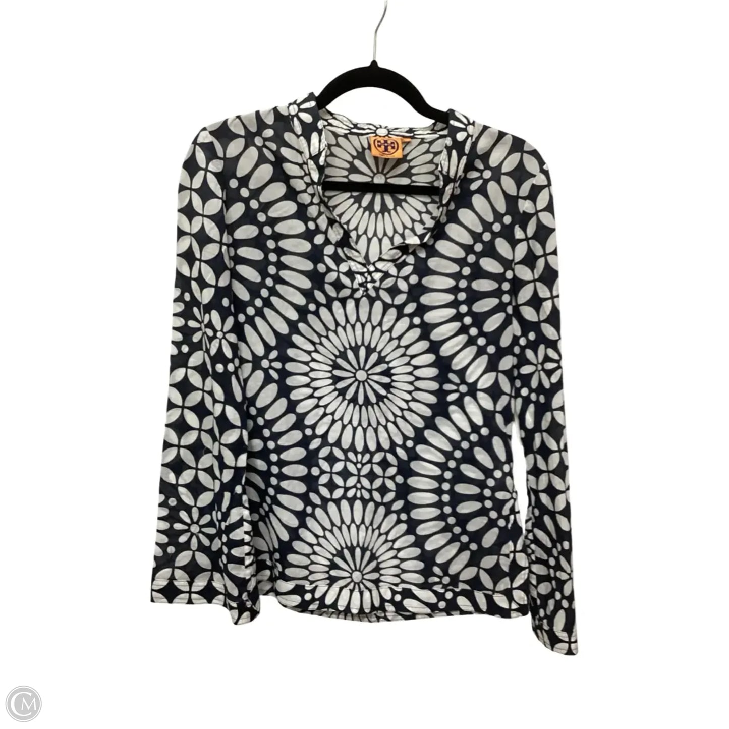 Designer Top Long Sleeve Designer By Tory Burch In Blue & White, Size: 4