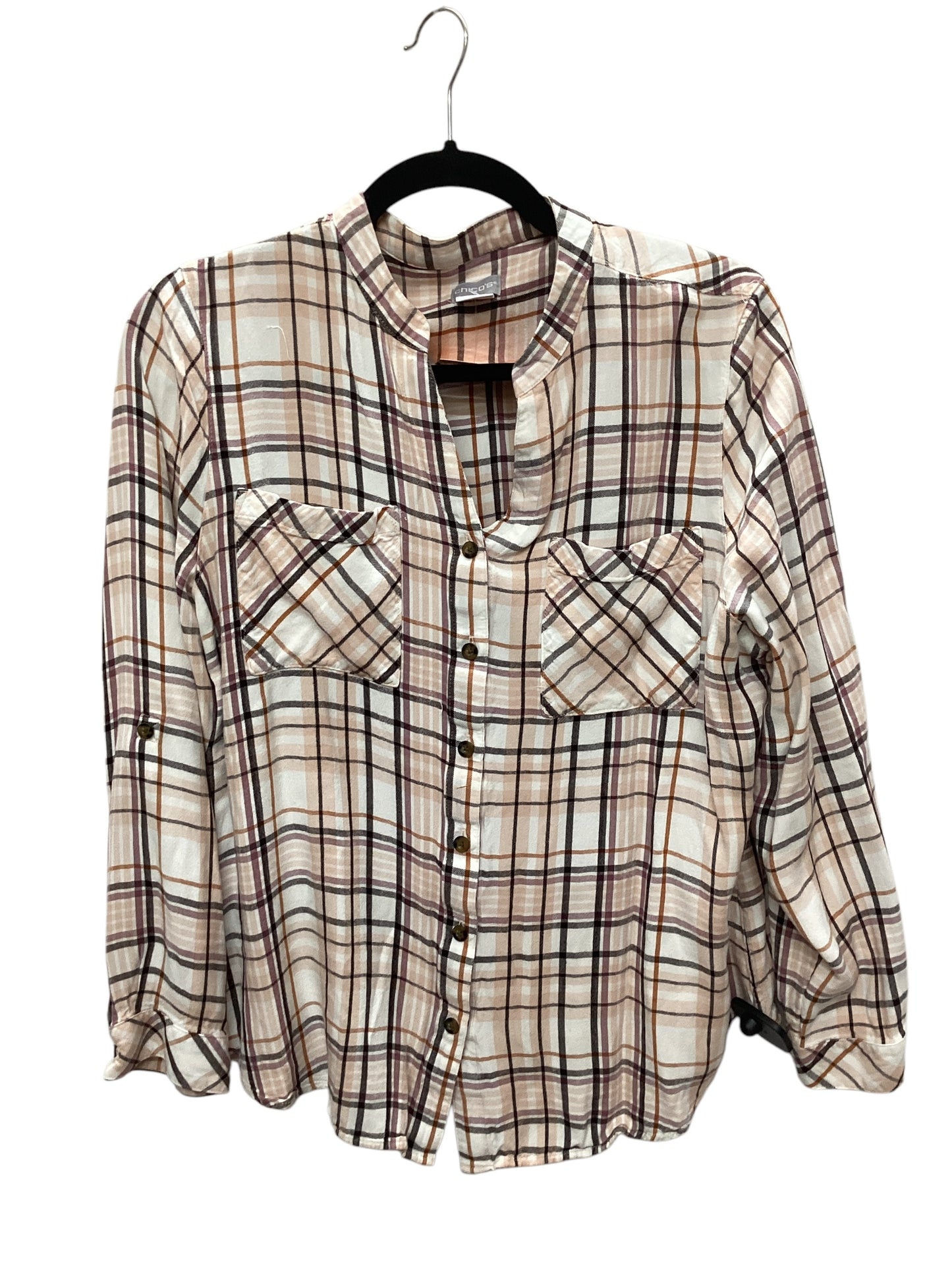 Top Long Sleeve Basic By Chicos In Plaid Pattern, Size: 2